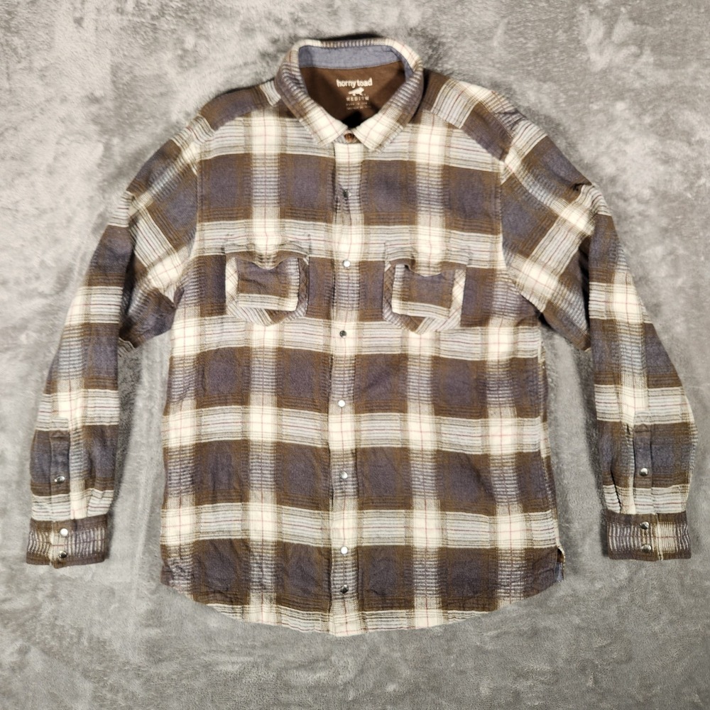 Horny Toad Mojac Shirt Shacket Mens Medium Brown Plaid Organic Cotton Flannel
